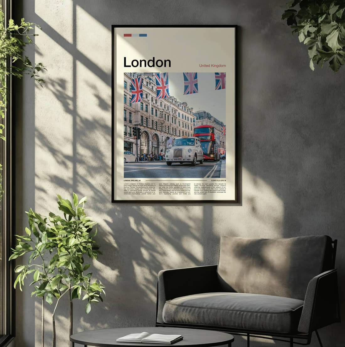London Taxi Under Union Jacks Travel Print framed on the wall of a relaxed living room