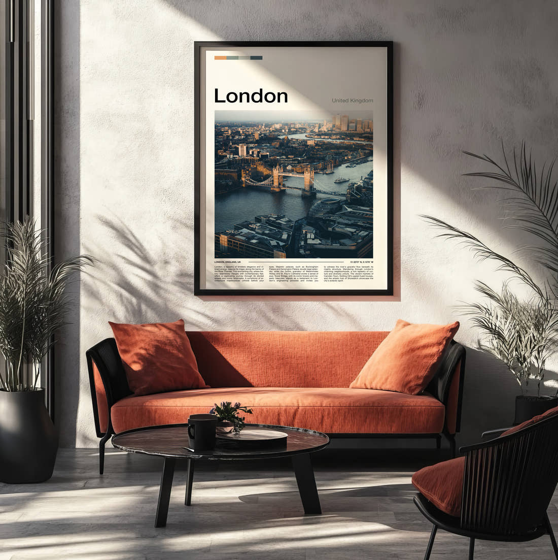 London Tower Bridge Travel Print framed on the wall of a modern living room