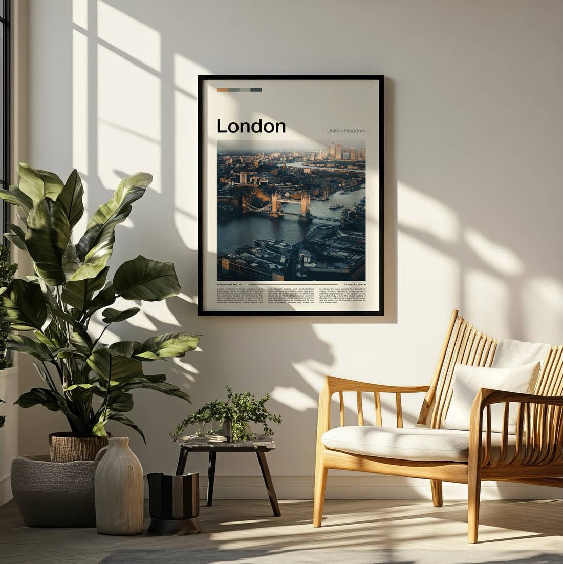 London Tower Bridge Travel Print framed on a pale wall beside houseplants