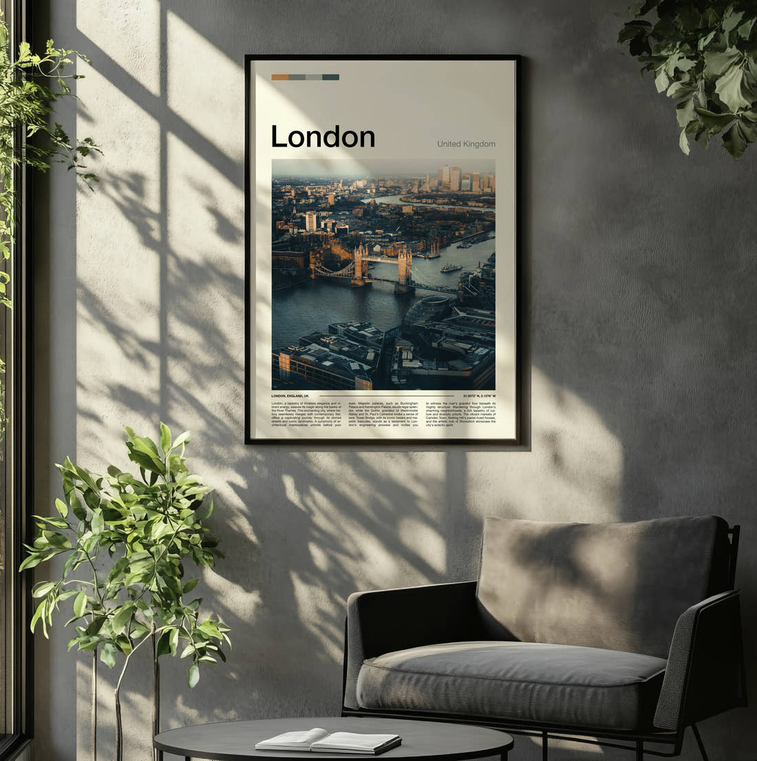 London Tower Bridge Travel Print framed on the wall of a relaxed living room