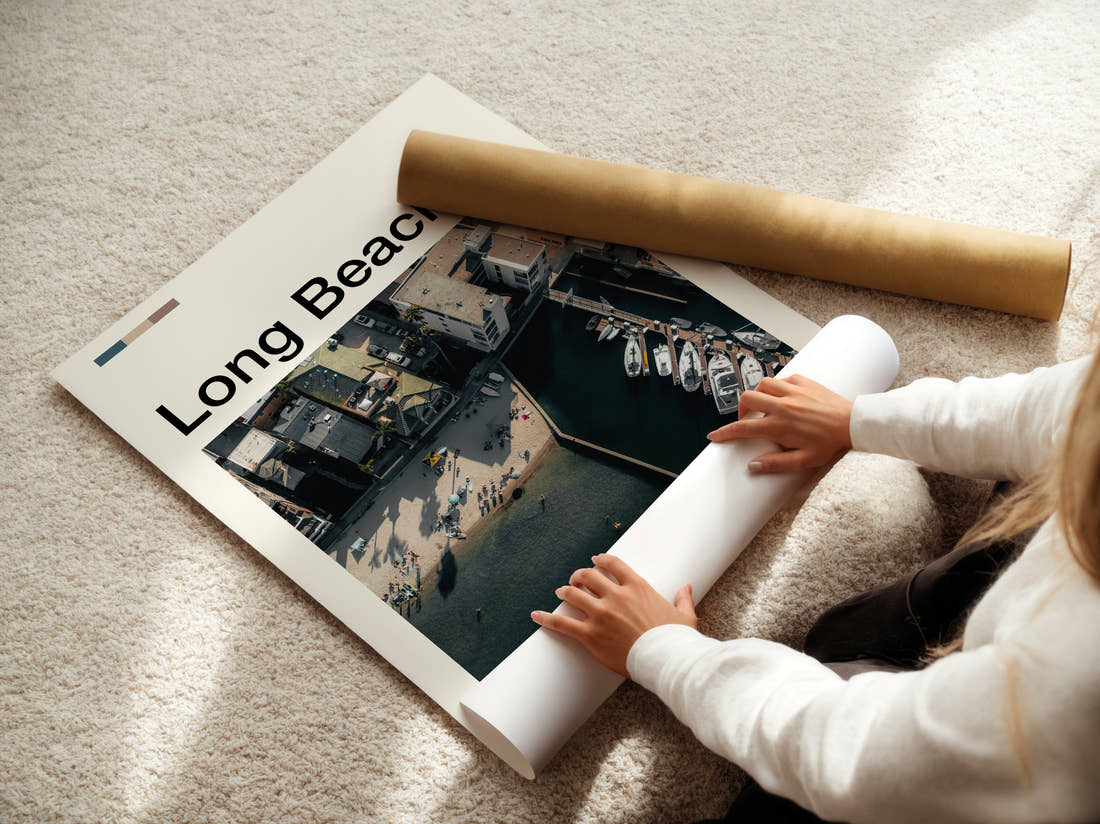 Long Beach Travel Print being unrolled from its postal tube