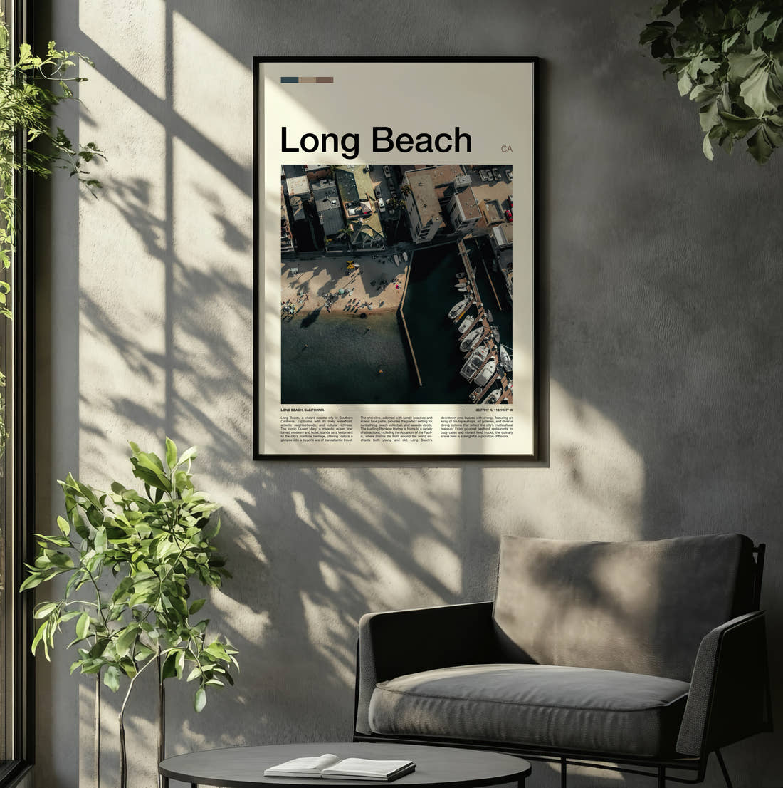 Long Beach Travel Print framed on the wall of a relaxed living room