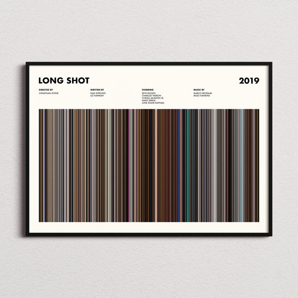 Long Shot Movie Barcode Poster framed and photographed straight on