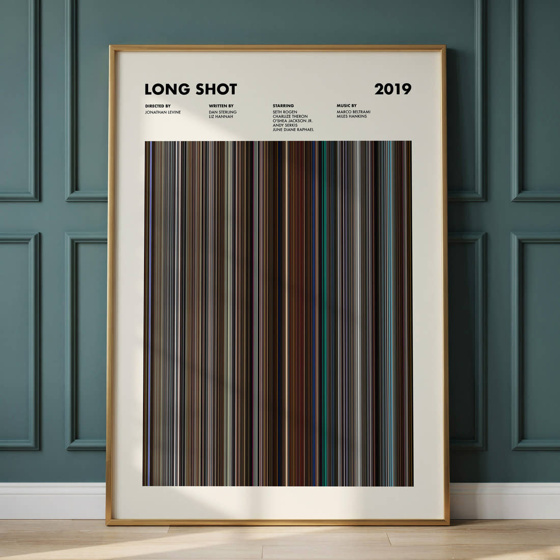 Long Shot Movie Barcode Poster framed and leaning against a panelled wall