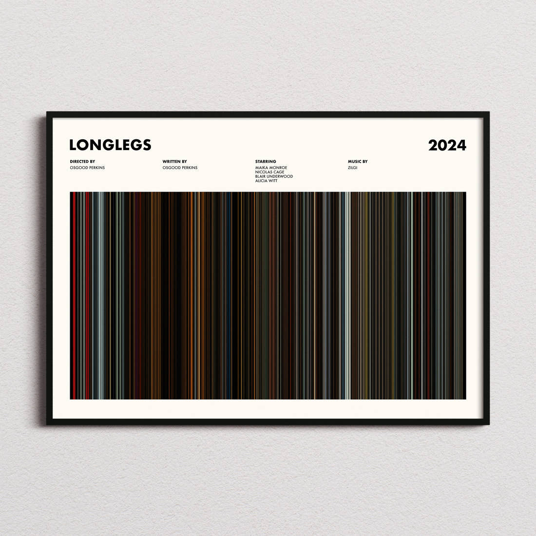 Longlegs Movie Barcode Poster framed and photographed straight on