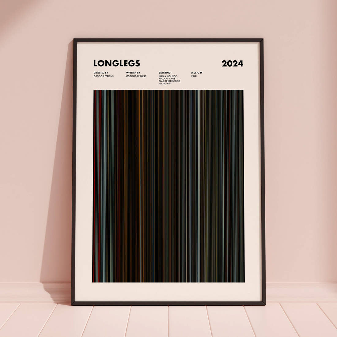 Longlegs Movie Barcode Poster framed and leaning against a coloured wall