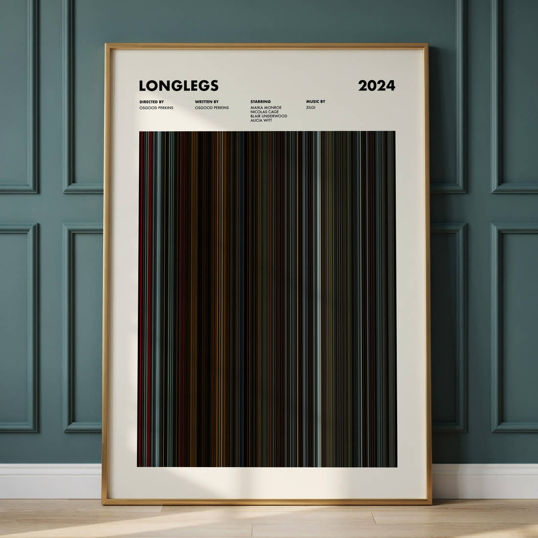 Longlegs Movie Barcode Poster framed and leaning against a panelled wall