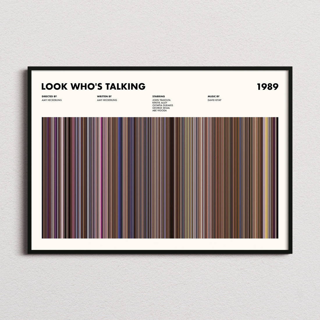 Look Who's Talking Movie Barcode Poster framed and photographed straight on