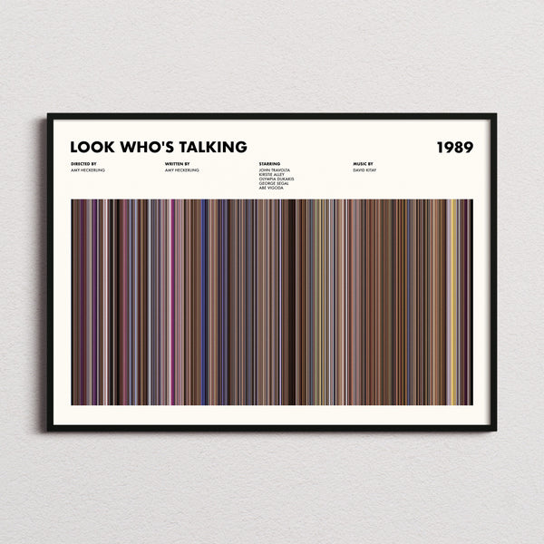 Look Who's Talking Movie Barcode Poster framed and photographed straight on