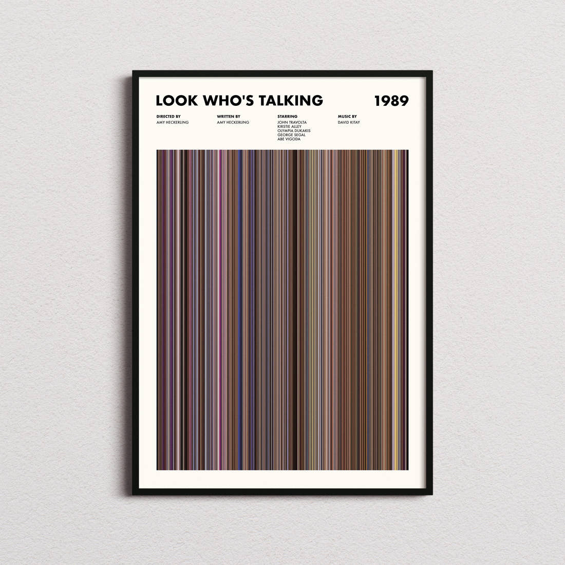 Look Who's Talking Movie Barcode Poster framed on a plain studio wall