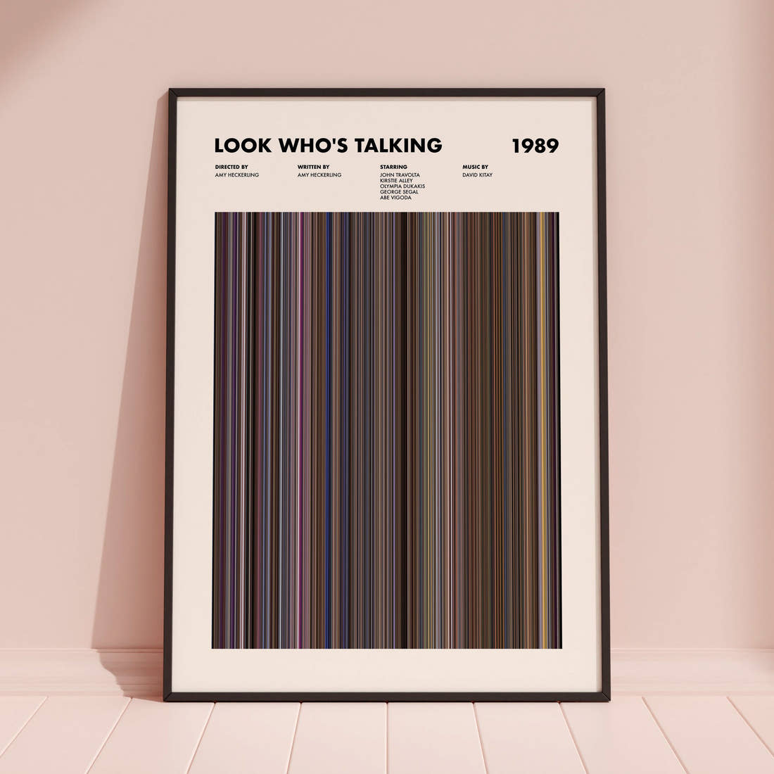 Look Who's Talking Movie Barcode Poster framed and leaning against a coloured wall