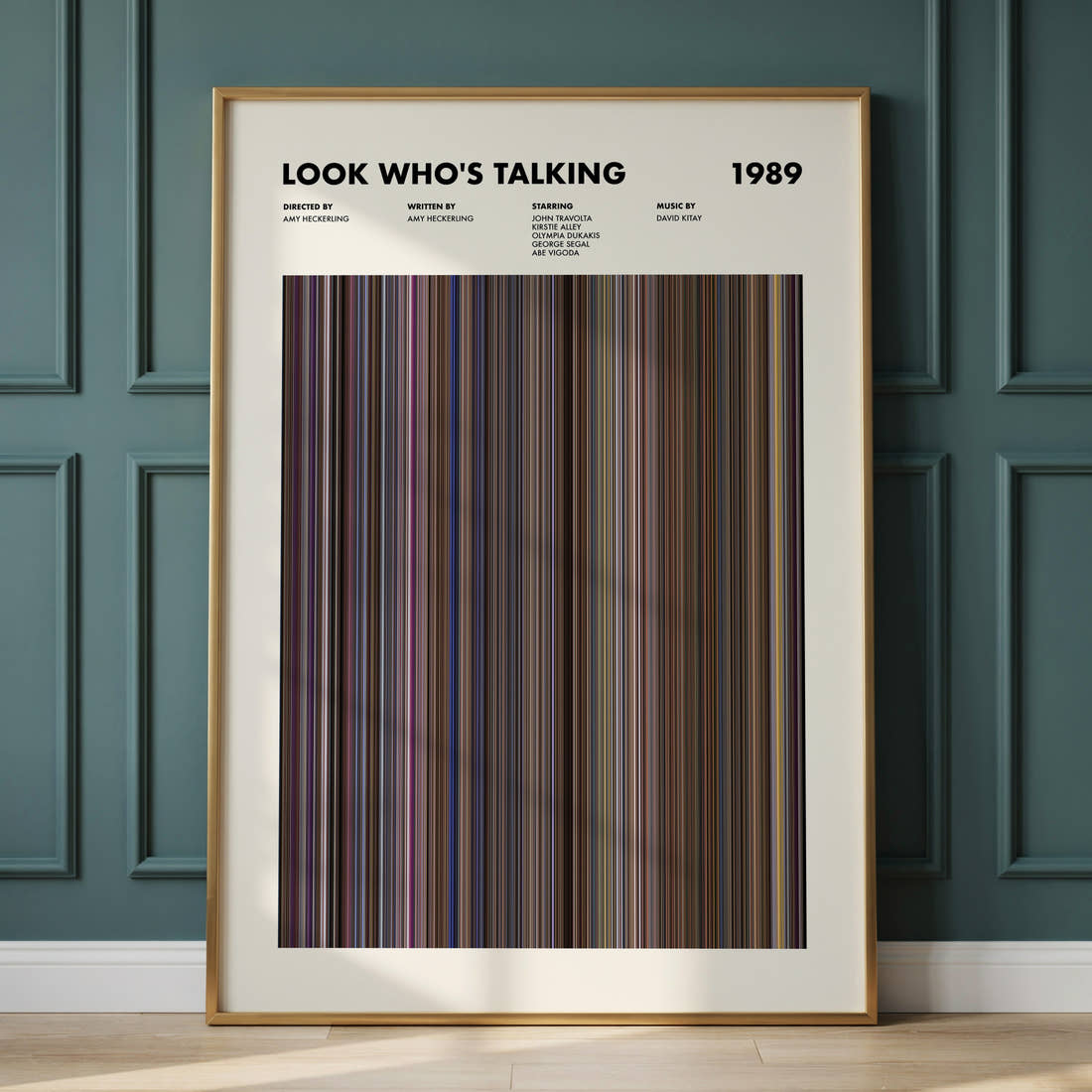 Look Who's Talking Movie Barcode Poster framed and leaning against a panelled wall
