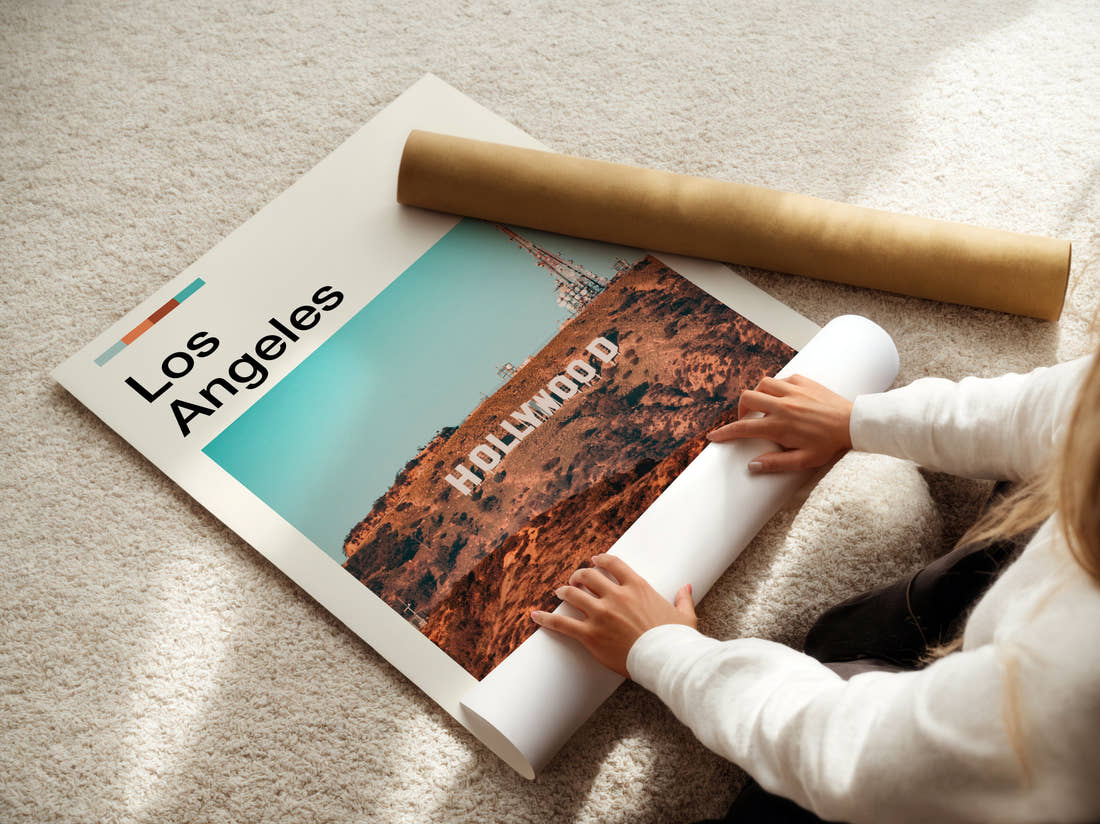 Los Angeles Hollywood Sign Travel Print being unrolled from its postal tube