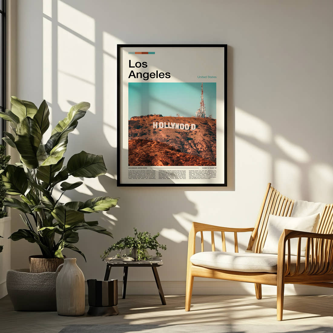 Los Angeles Hollywood Sign Travel Print framed on a pale wall beside houseplants