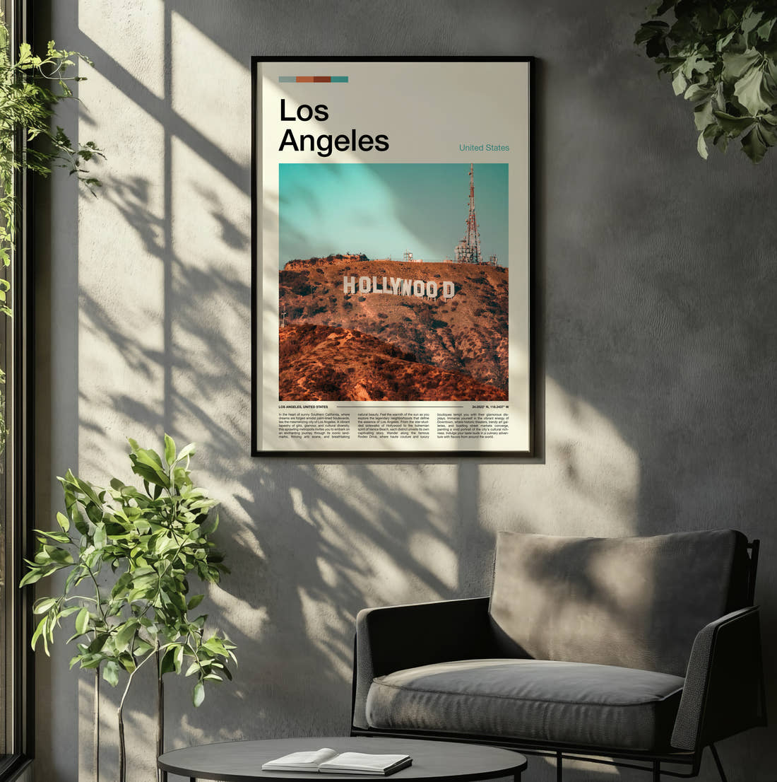 Los Angeles Hollywood Sign Travel Print framed on the wall of a relaxed living room