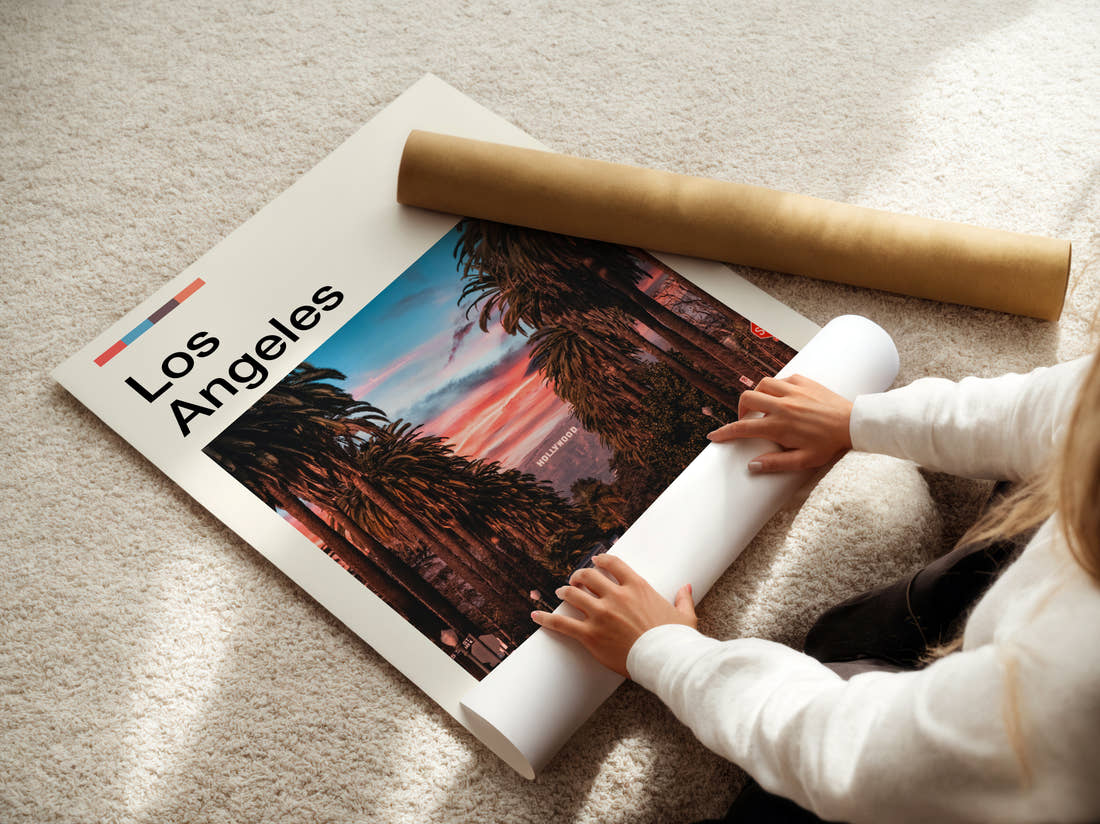 Los Angeles Distant Hollywood Sign Travel Print being unrolled from its postal tube