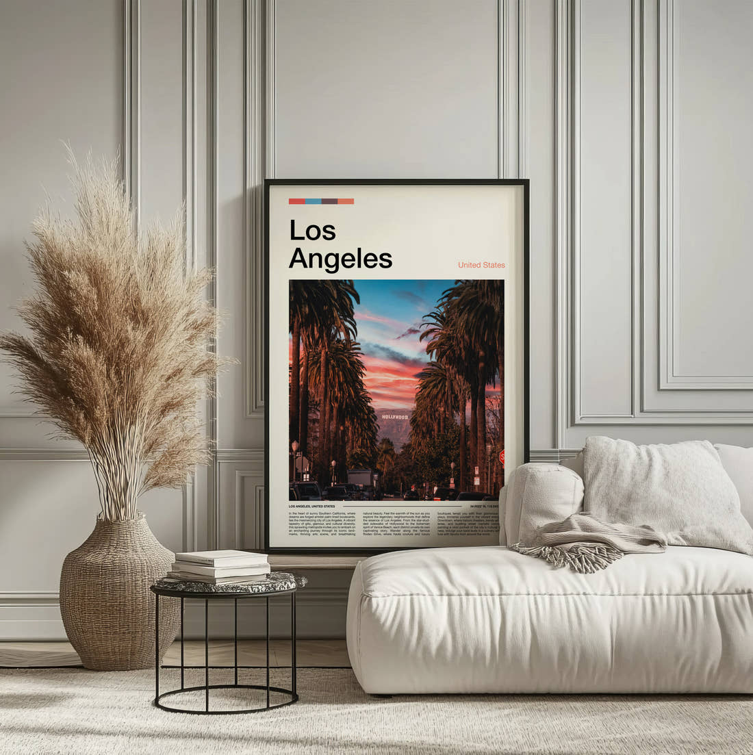 Los Angeles Distant Hollywood Sign Travel Print framed on the wall of a calm, neutral bedroom