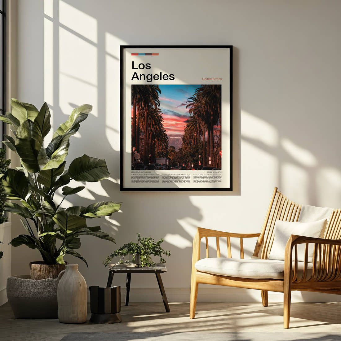 Los Angeles Distant Hollywood Sign Travel Print framed on a pale wall beside houseplants