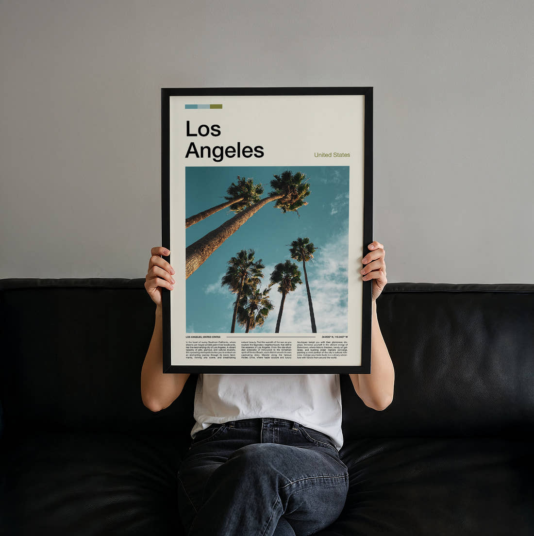Los Angeles Palm Trees From Below Travel Print held up by hand to show the size of the print