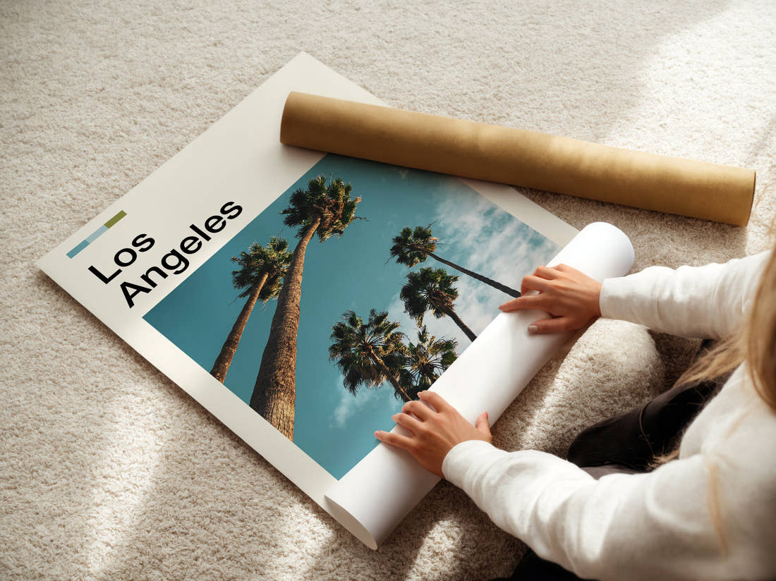 Los Angeles Palm Trees From Below Travel Print being unrolled from its postal tube