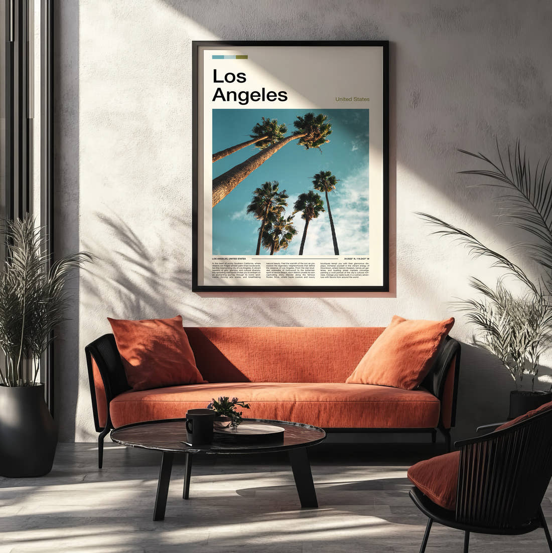 Los Angeles Palm Trees From Below Travel Print framed on the wall of a modern living room