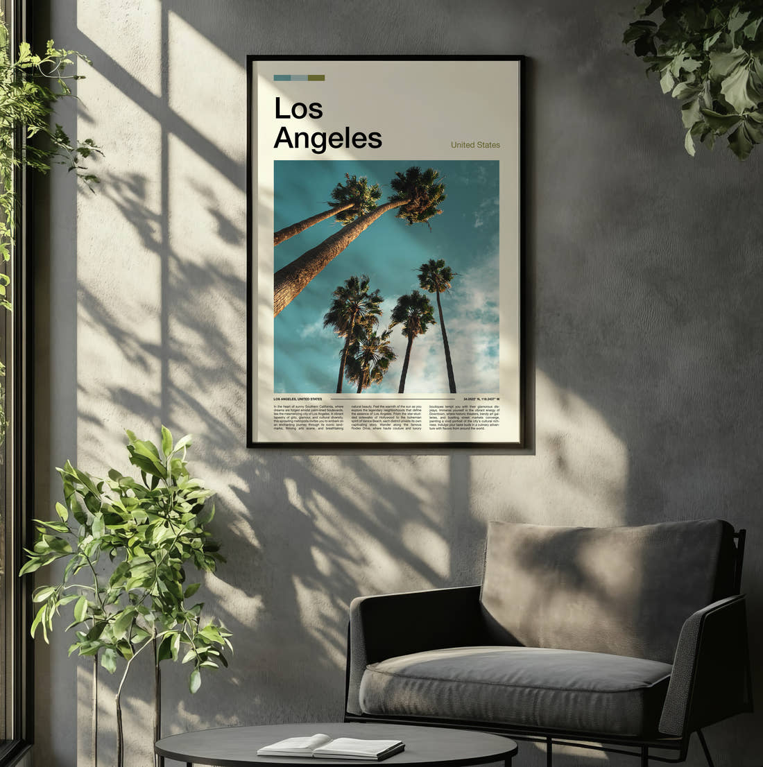 Los Angeles Palm Trees From Below Travel Print framed on the wall of a relaxed living room