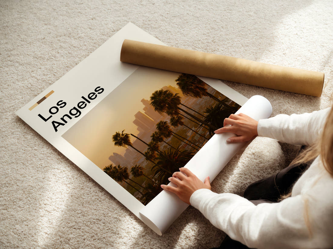 Los Angeles Skyline Behind Palm Trees Travel Print being unrolled from its postal tube