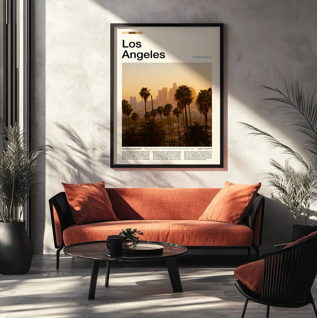 Los Angeles Skyline Behind Palm Trees Travel Print framed on the wall of a modern living room
