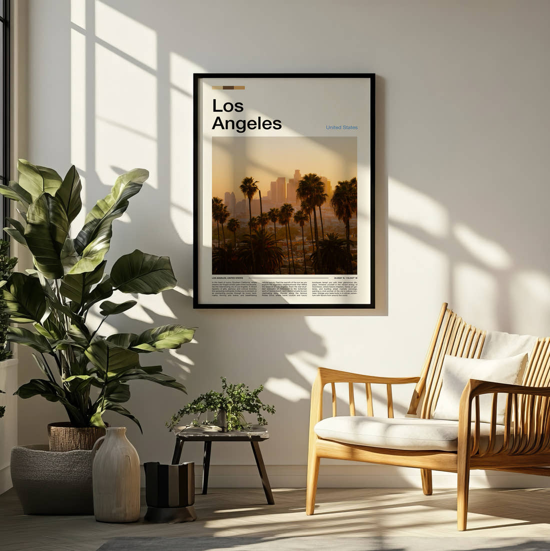 Los Angeles Skyline Behind Palm Trees Travel Print framed on a pale wall beside houseplants