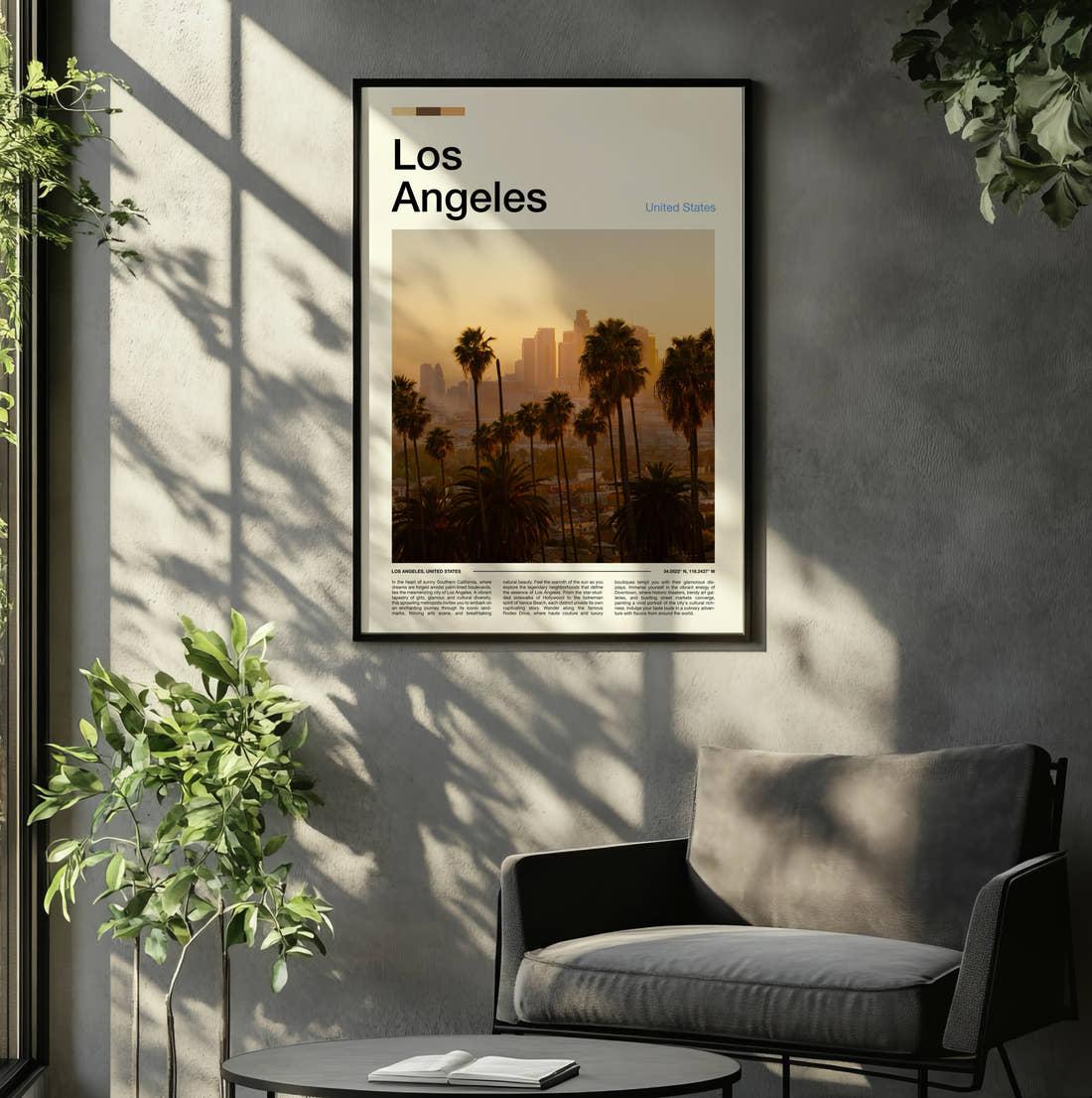 Los Angeles Skyline Behind Palm Trees Travel Print framed on the wall of a relaxed living room