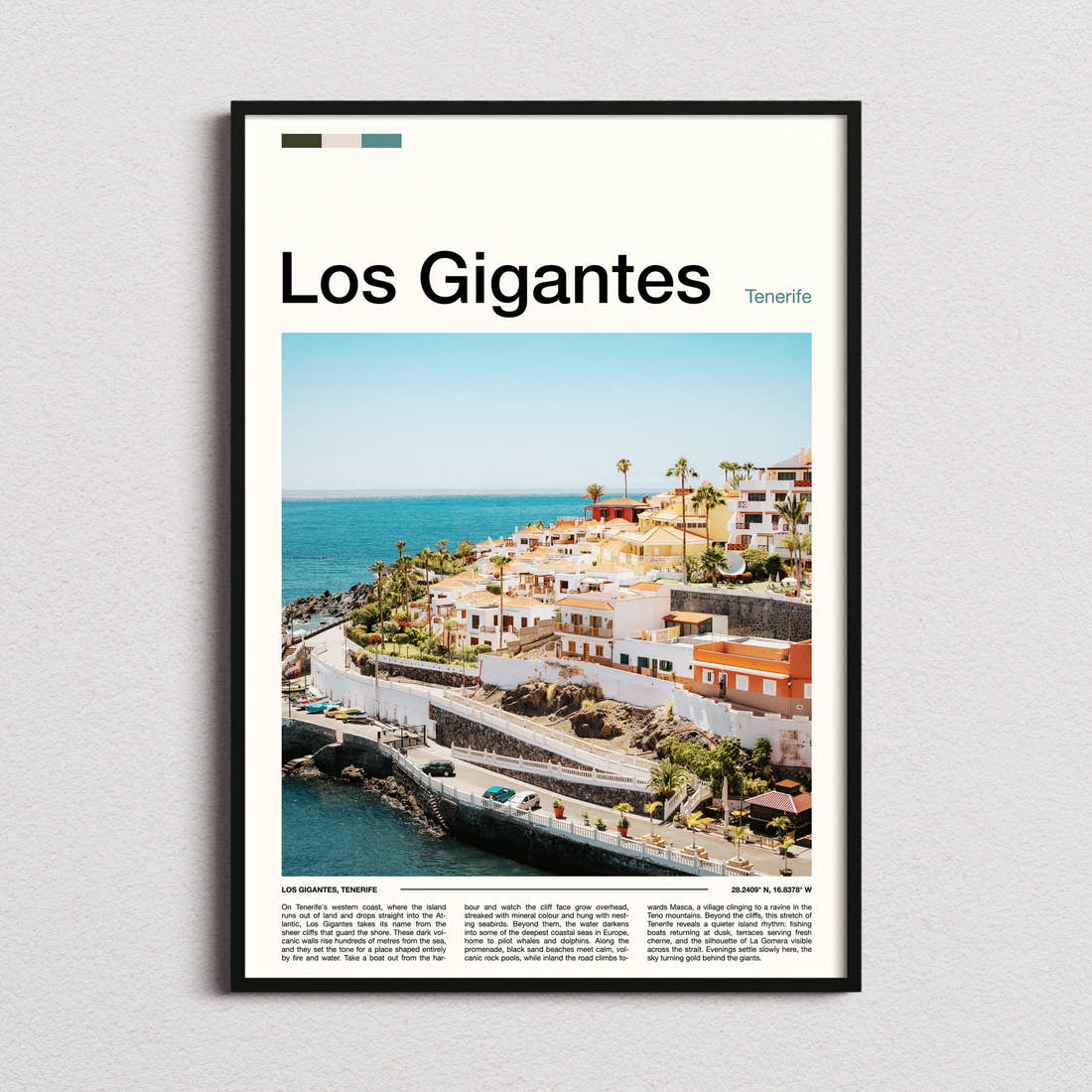 Los Gigantes Coastal Village Cliffs Travel Print framed and photographed straight on