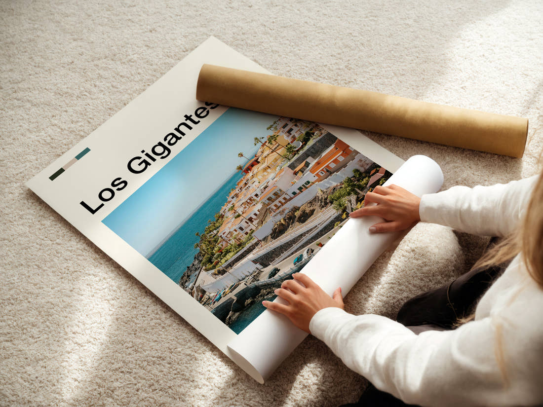 Los Gigantes Coastal Village Cliffs Travel Print being unrolled from its postal tube