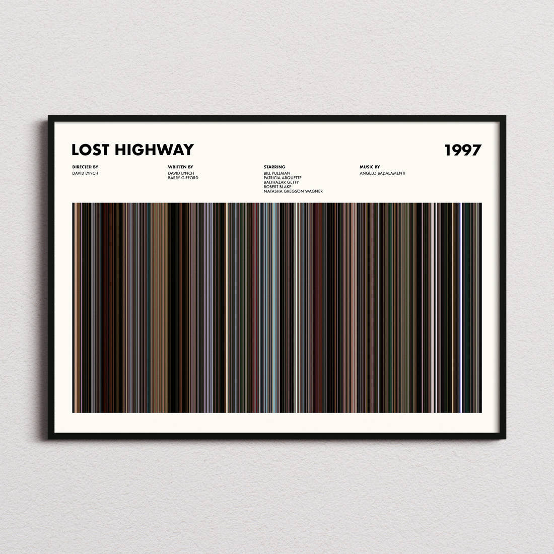 Lost Highway Movie Barcode Poster framed and photographed straight on