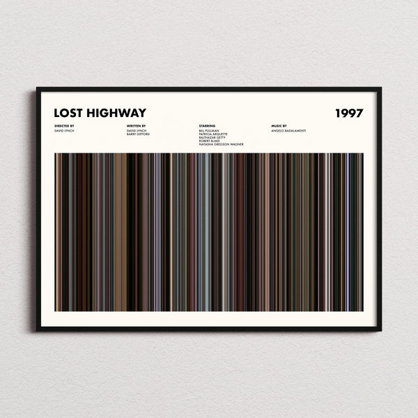 Lost Highway Movie Barcode Poster framed and photographed straight on