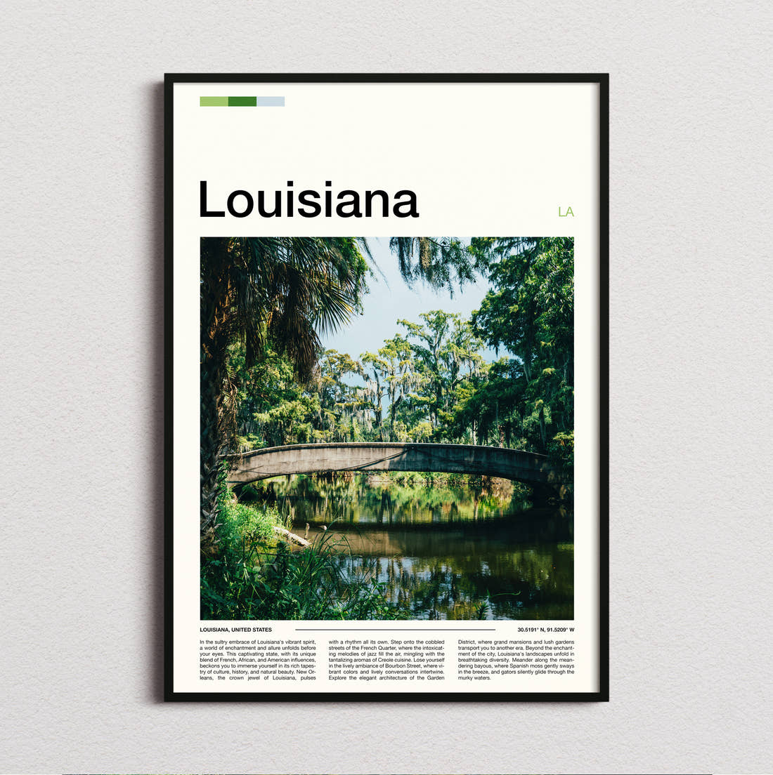 Louisiana Footbridge Over Bayou Travel Print framed and photographed straight on