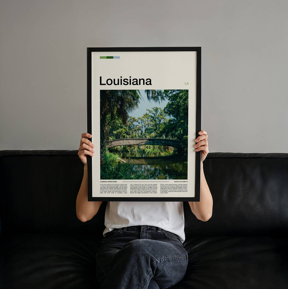 Louisiana Footbridge Over Bayou Travel Print held up by hand to show the size of the print
