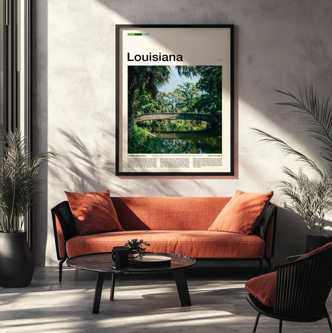 Louisiana Footbridge Over Bayou Travel Print framed on the wall of a modern living room