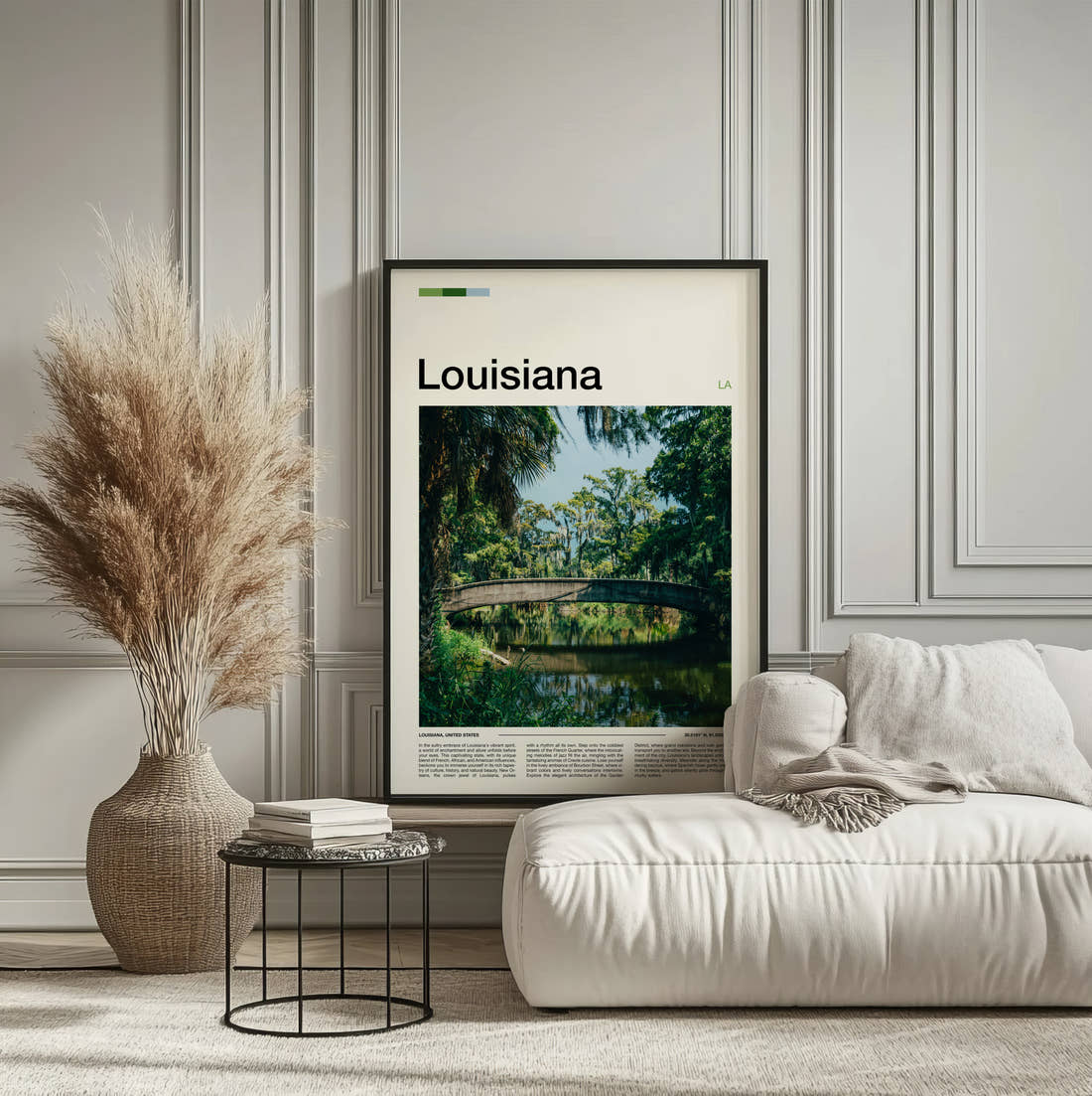 Louisiana Footbridge Over Bayou Travel Print framed on the wall of a calm, neutral bedroom