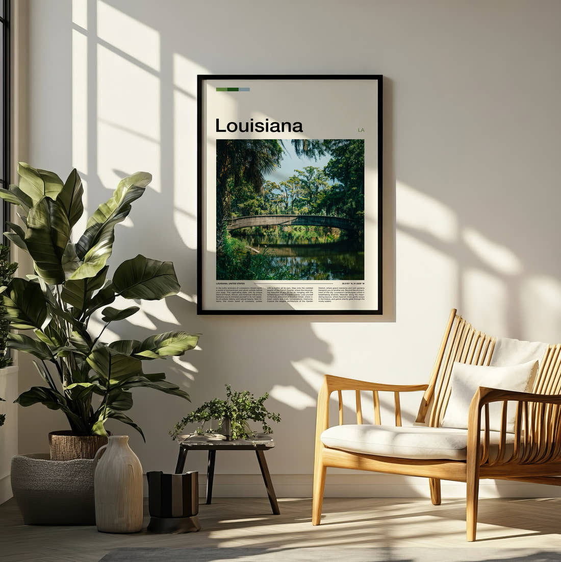 Louisiana Footbridge Over Bayou Travel Print framed on a pale wall beside houseplants