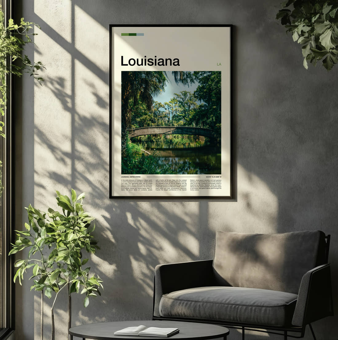 Louisiana Footbridge Over Bayou Travel Print framed on the wall of a relaxed living room