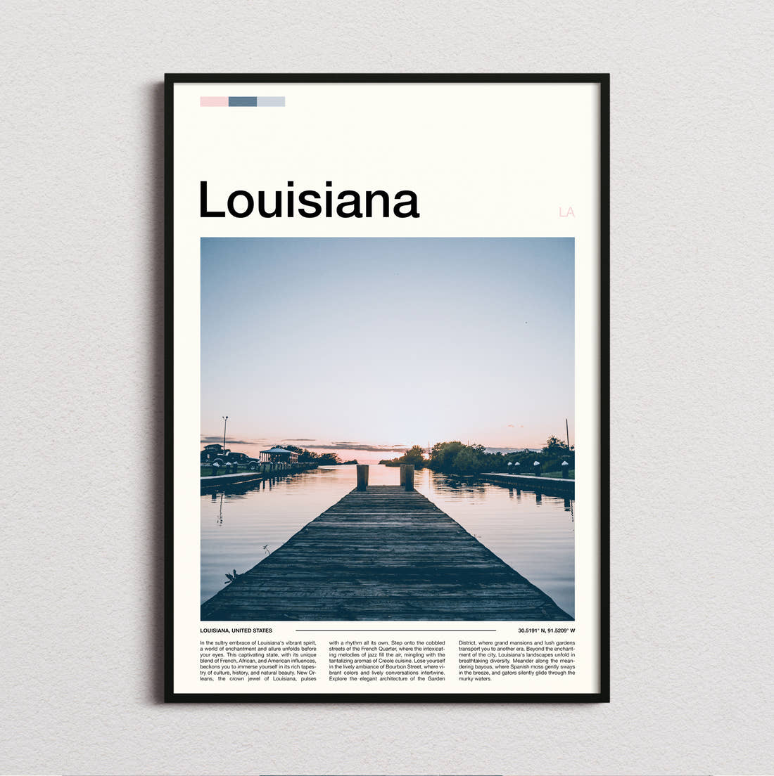 Louisiana Wooden Pier At Dusk Travel Print framed and photographed straight on