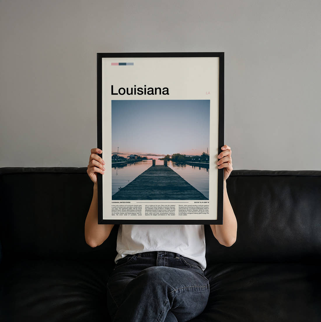 Louisiana Wooden Pier At Dusk Travel Print held up by hand to show the size of the print