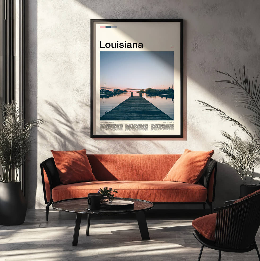 Louisiana Wooden Pier At Dusk Travel Print framed on the wall of a modern living room