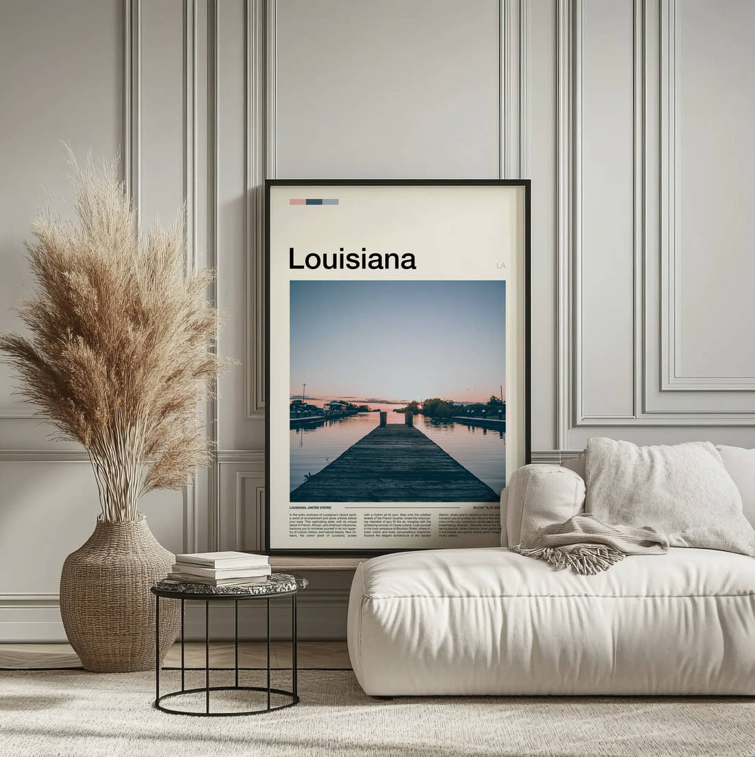 Louisiana Wooden Pier At Dusk Travel Print framed on the wall of a calm, neutral bedroom