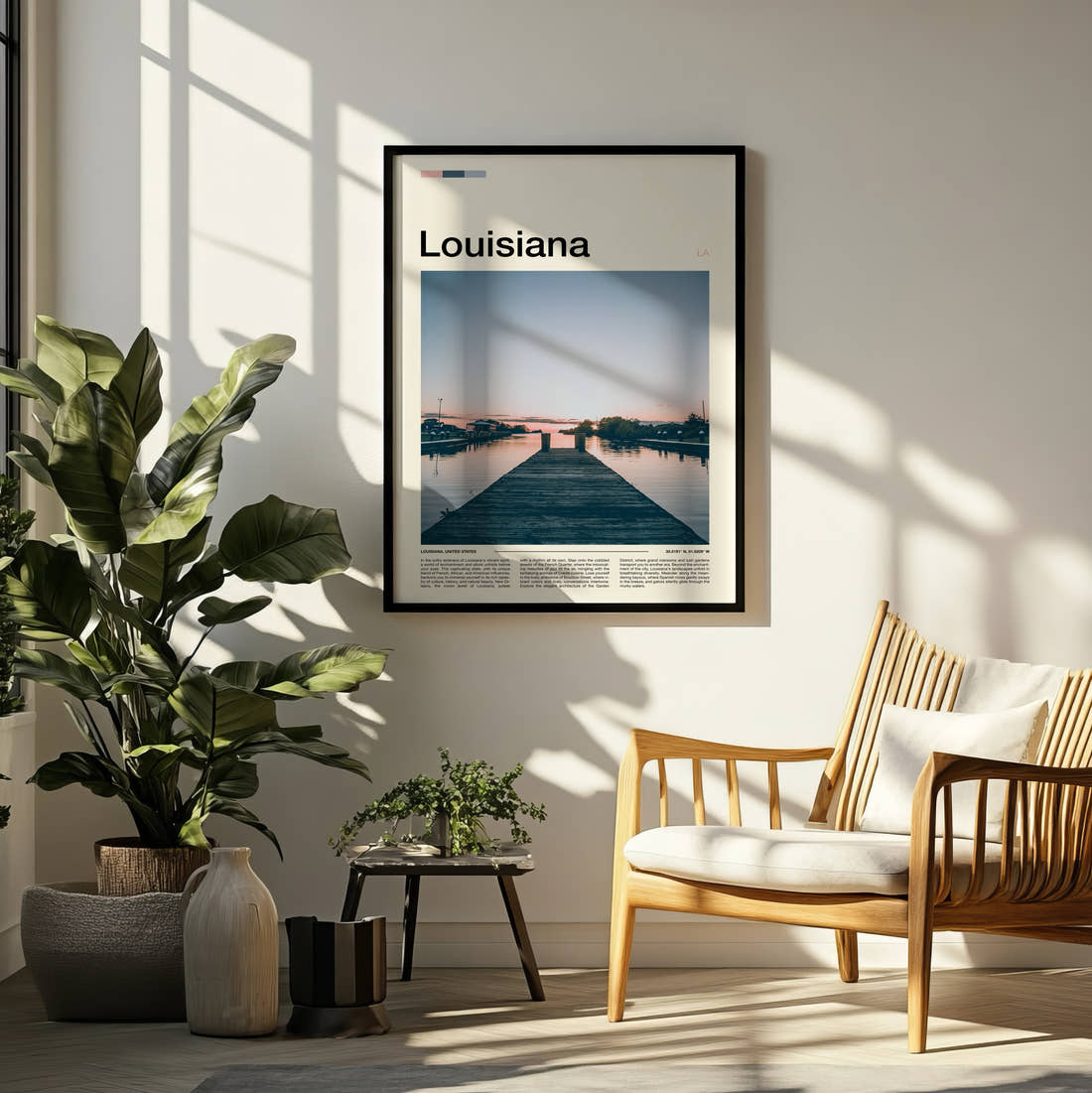 Louisiana Wooden Pier At Dusk Travel Print framed on a pale wall beside houseplants