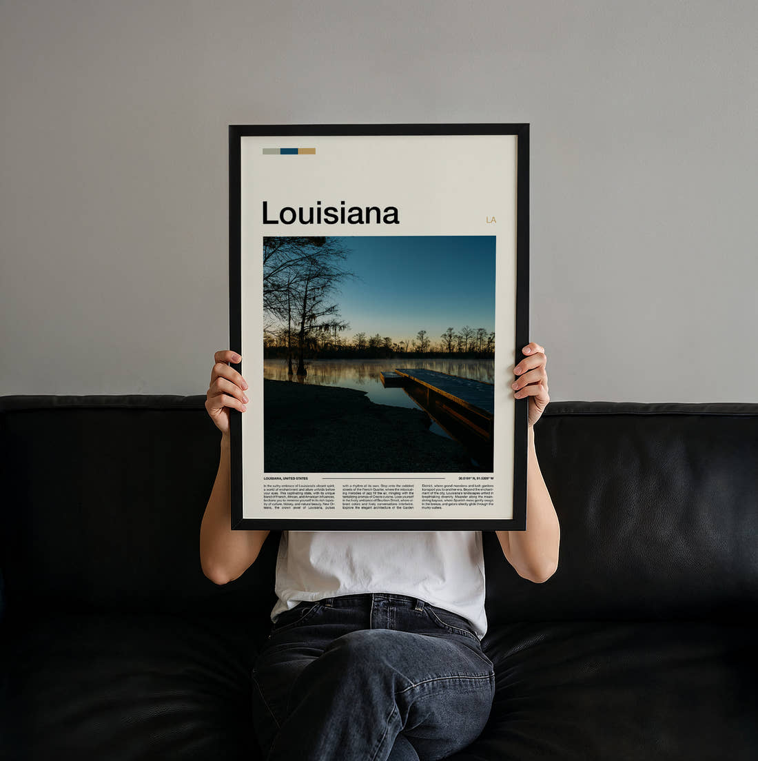 Louisiana Pier Among Cypress Trees Travel Print held up by hand to show the size of the print