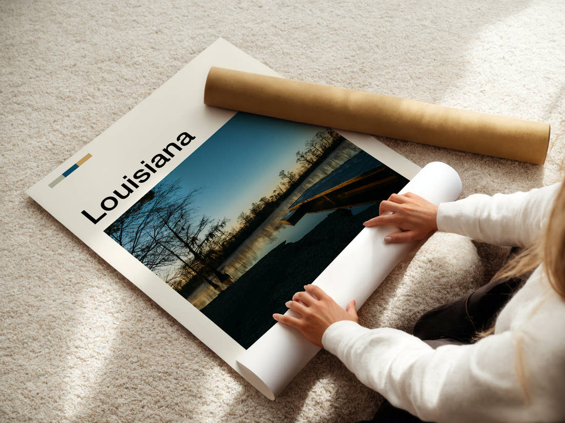 Louisiana Pier Among Cypress Trees Travel Print being unrolled from its postal tube
