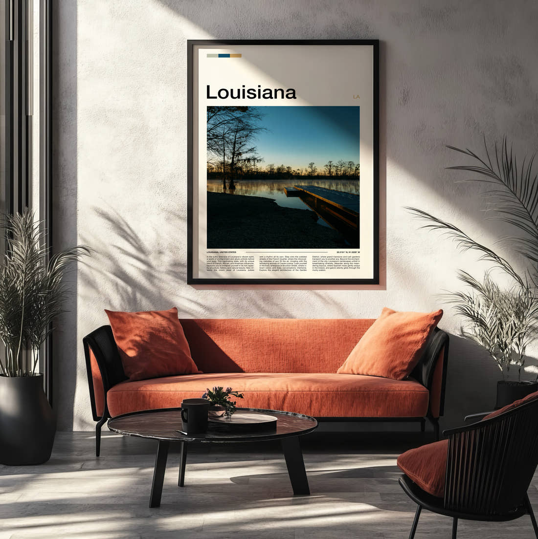 Louisiana Pier Among Cypress Trees Travel Print framed on the wall of a modern living room