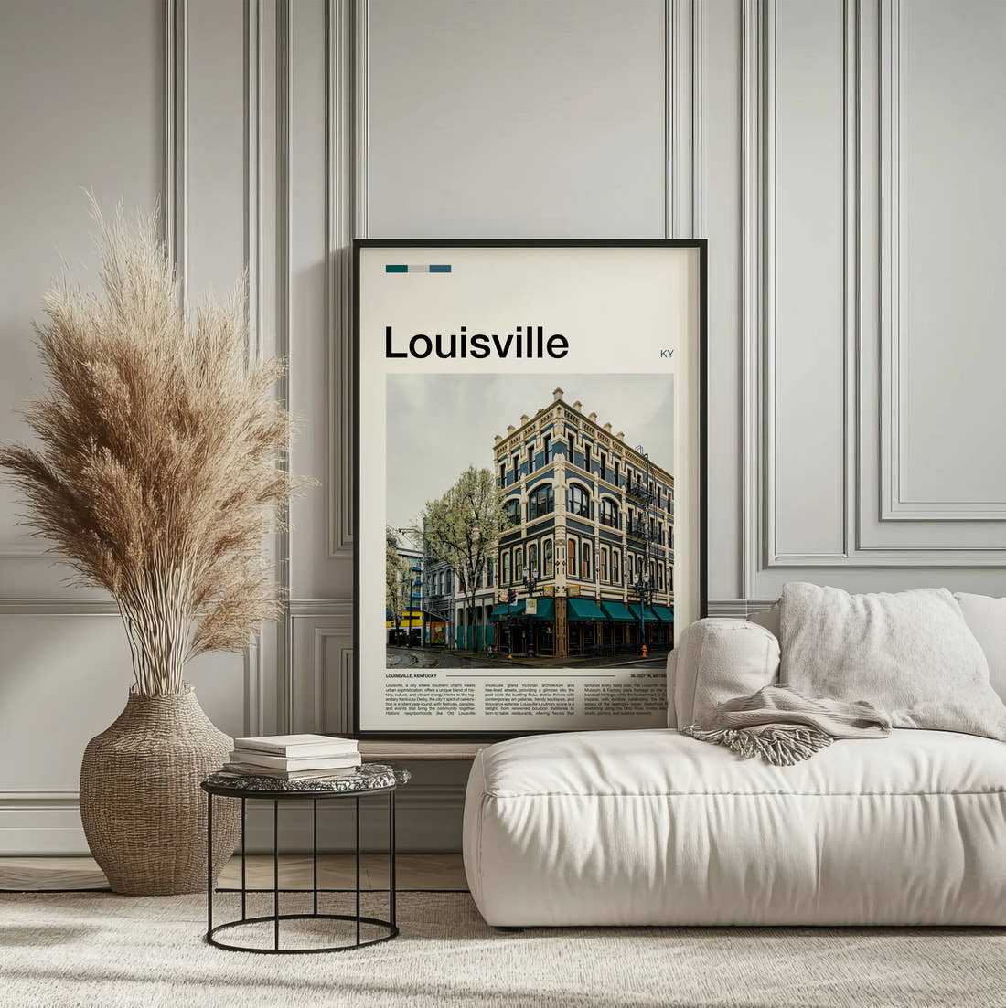 Louisville Ornate Cast Iron Building Travel Print framed on the wall of a calm, neutral bedroom