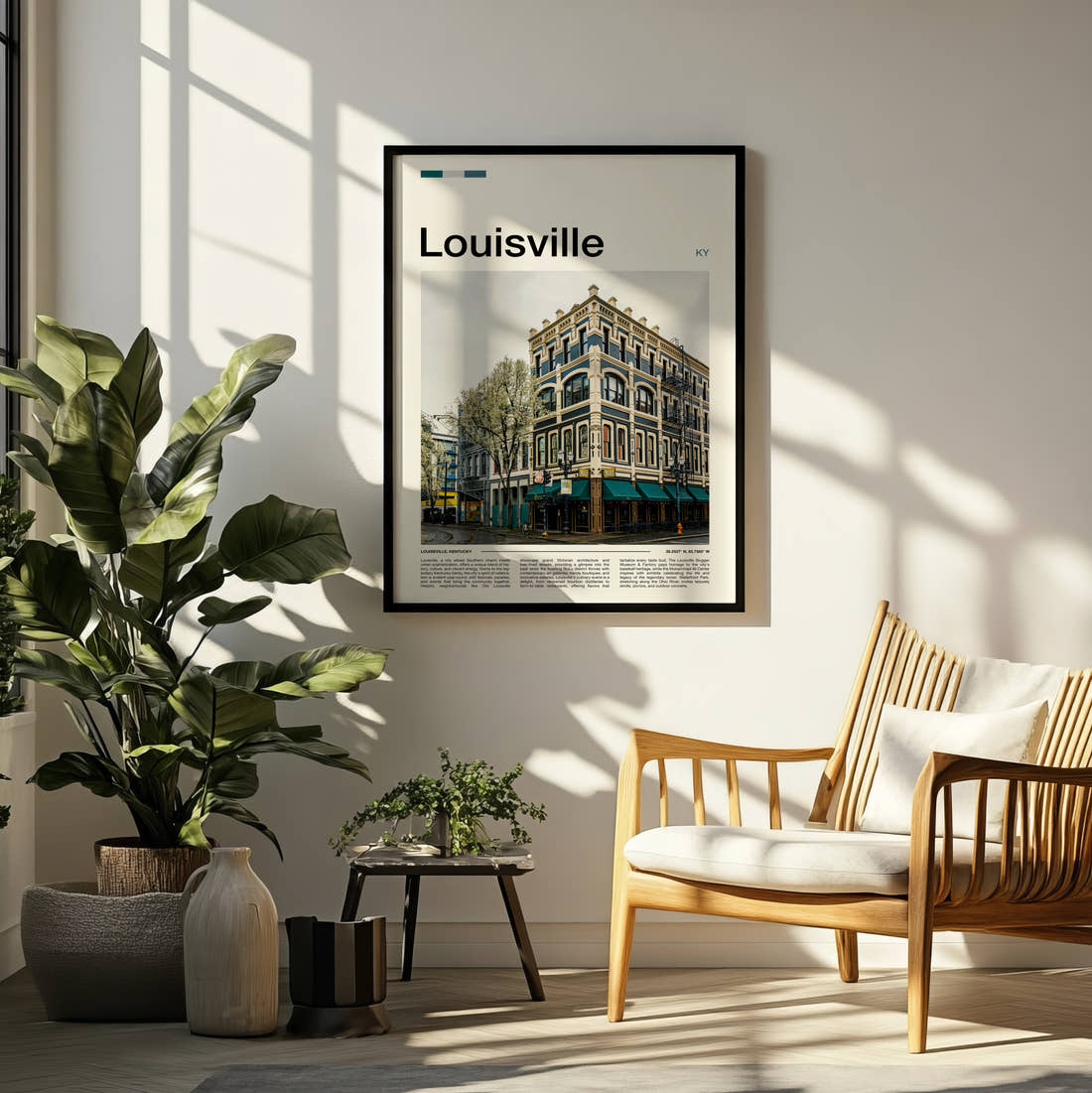 Louisville Ornate Cast Iron Building Travel Print framed on a pale wall beside houseplants